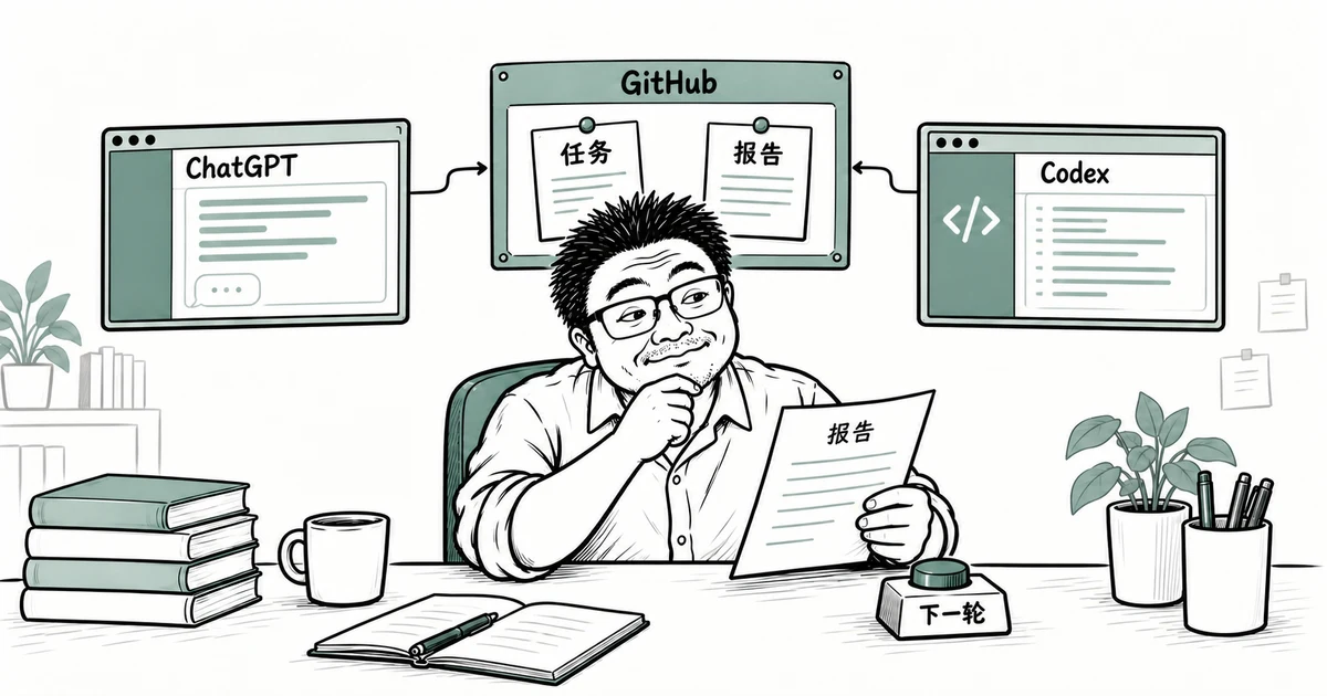 老胡在 ChatGPT、GitHub 和 Codex 交接示意图前阅读报告，桌上留着手动的“下一轮”按钮。