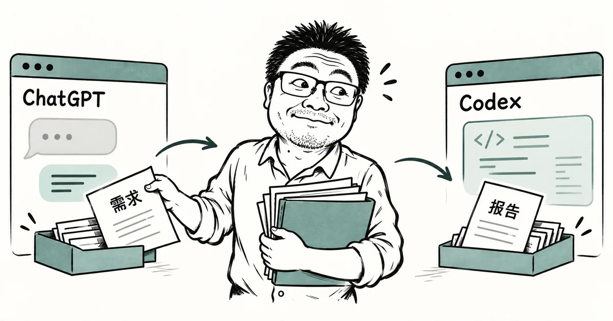 戴眼镜的博主抱着资料，在 ChatGPT 和 Codex 窗口之间传递需求与报告。