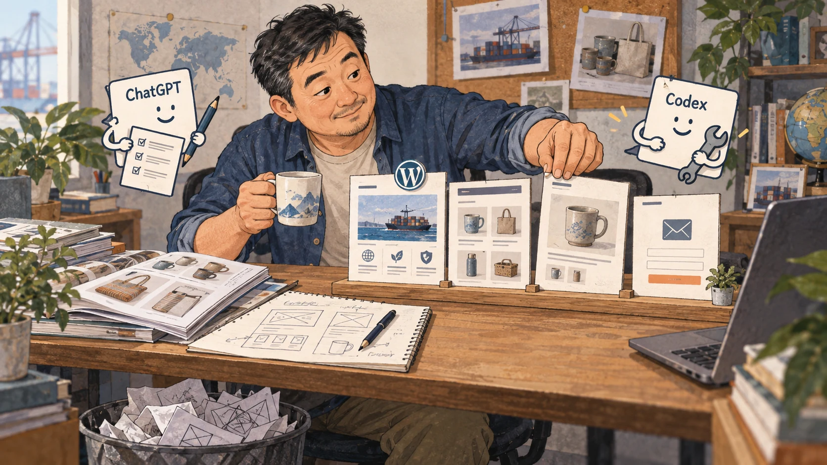 外贸人借助 ChatGPT 和 Codex 整理产品资料、搭建 WordPress 网站并亲自检查的封面插画