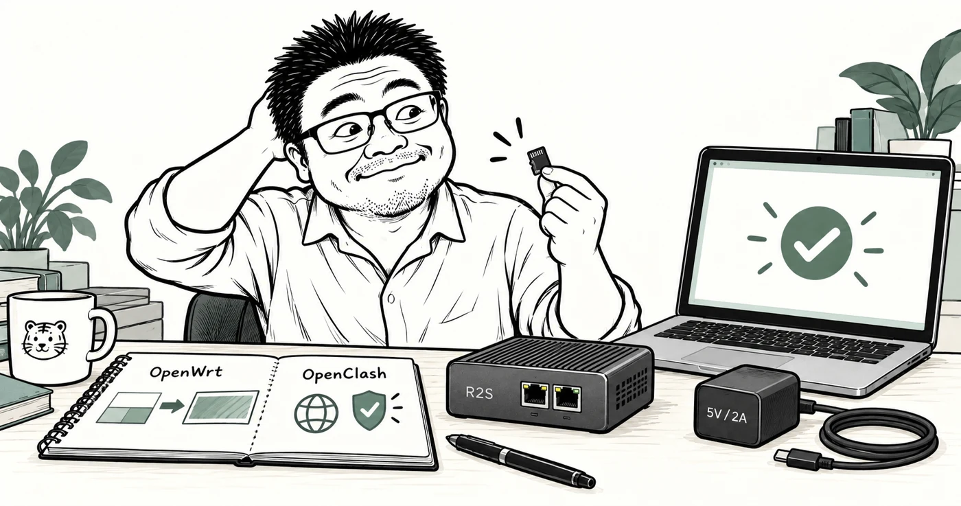 老胡折腾 R2S、TF 卡和 5V/2A 电源的特色插画