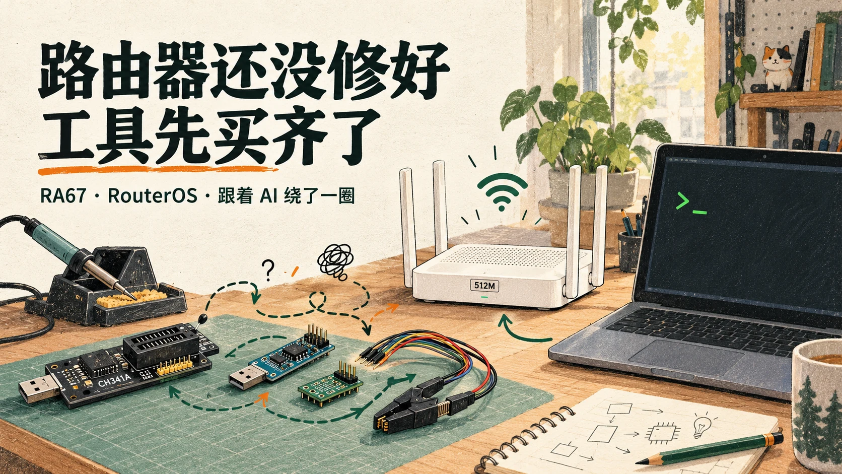 RA67 修复经历封面插画：工作台上的编程器、转接板、芯片夹，以及最终用来修复的 Linux 终端